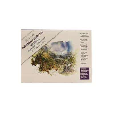 Image of Clairefontaine Ref 421/1021Z Goldline Watercolour Studio Glued Pad (Pack of 100 Sheets) 24 x 32cm in Size, 200gsm mix cotton and cellulose, High Absorbency