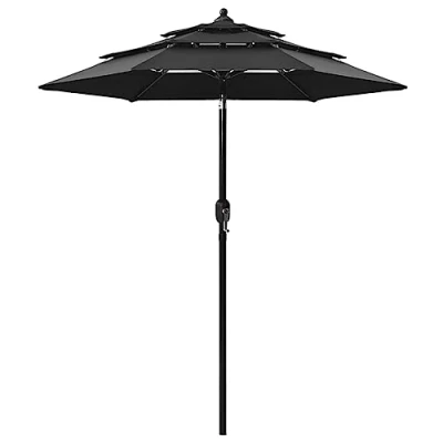 Image of vidaXL 3 Tier Black Parasol with Aluminium Pole UV Protective and Anti Fade Polyester Outdoor, Patio, Terrace, Garden Protection Umbrella Crank, Tilt Mechanism 2.5 m Diameter