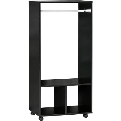 Image of HOMCOM Open Wardrobe for Bedroom, Small on Wheels with Clothes Rail, Storage Shelves, Mobile Garment Rack Storage, Cloakroom, Hallway, Black