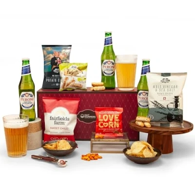 Image of Beer and Pub Snacks Hamper Gift with Peroni Lager, Snacks, Crisps, Breadsticks &amp; Corn Kernels for Dad, Best Dad Hamper, Men Hay Hampers