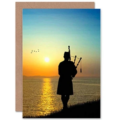 Image of Wee Blue Coo Personalised Scottish Bagpipe Piper Sunrise Silhouette Scots Greeting Card Arty Art All Occasion Birthday