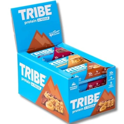 Image of TRIBE Protein + Focus Bar Bestsellers Variety Pack 10g Protein, 9 Energy &amp; Nutrients, Lions Mane, Plant Based, Vegan Snack Gluten Free (60g x 12 Bars)
