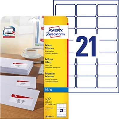 Image of Avery Dennison Zweckform J8160 10 Address Labels Special Coating Pages 63.5 x 38.1 mm White