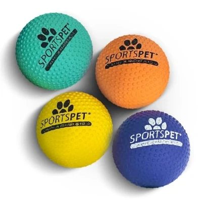 Image of SPORTSPET Tough Bounce DIMPLE Dog Balls 4 Pack Tennis Ball Sized 65mm Textured Rubber for Dogs Non Toxic &amp; Bouncy Built Play