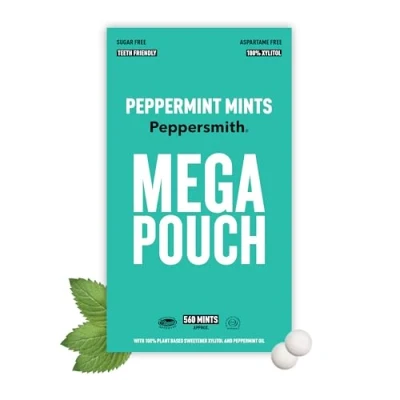 Image of Peppermint Mints Sugar Free 100% Plant Based Xylitol Fresh Breath Benefits Oral Health, Reduce Plaque, Kills Bacteria Aspartame Mega Pouch 560 By Peppersmith