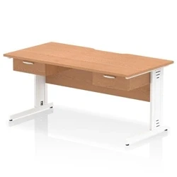 Image of Impulse 1600 x 800mm Scalloped Edge Straight Office Desk Oak Top White Cable Managed Leg Workstation 2 1 Drawer Fixed Pedestal