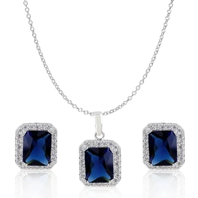 Image of Crystalline Azuria Women 18ct White Gold Plated Blue Simulated Sapphire Zirconia Crystals Set Pendant Necklace 17.7 inches Stud Earrings