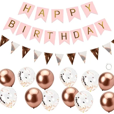 Image of Happy Birthday Banner, Rose Gold Decoration for Girls Women, Banner with Balloons,Happy Balloons Banners Bunting Party Decorations.