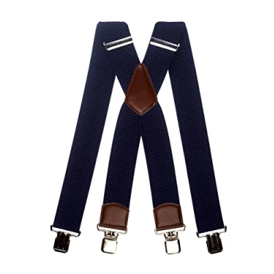 Image of Olata Men&#039;s Extra Wide Heavy Duty X Shape Braces/Suspenders with Brown Leather 5cm. Dark Blue