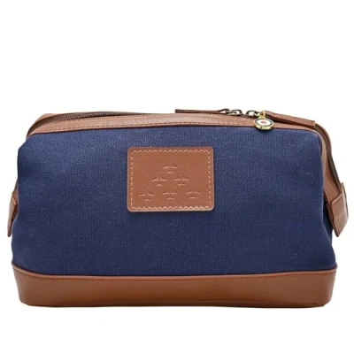 Image of Widdop and Co. Royal Air Force Red Arrows Canvas &amp; Faux Leather Washbag Officially Licensed RAF Navy Brown Toiletries Bag Merchandise. Lifestyle Accessory for History, Aviation WW2 Fans.