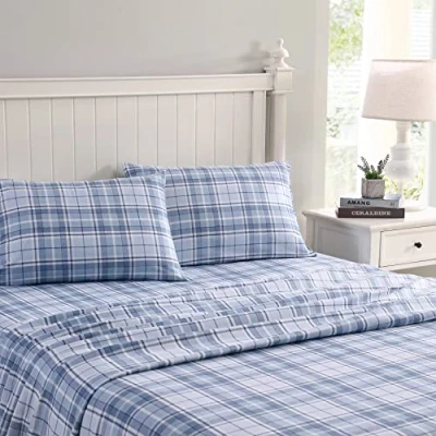 Image of Laura Ashley Home King Sheets, Cotton Flannel Bedding Set, Brushed for Extra Softness &amp; Comfort (Mulholland Plaid Blue, King)