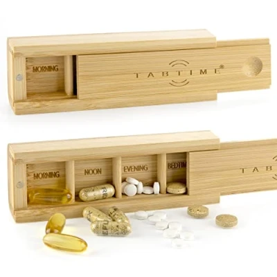 Image of TabTime Bamboo Small Daily Pill Box, 4 Compartment Tablet Organiser, Perfect for Pills and Supplements