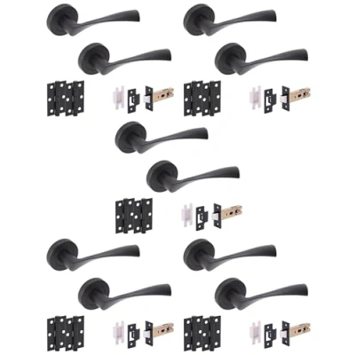 Image of HANDLEZONE® 5 Sets Zena Internal Door Handles on Rose Lever Latch Packs with Ball Bearing Hinges Black Matt