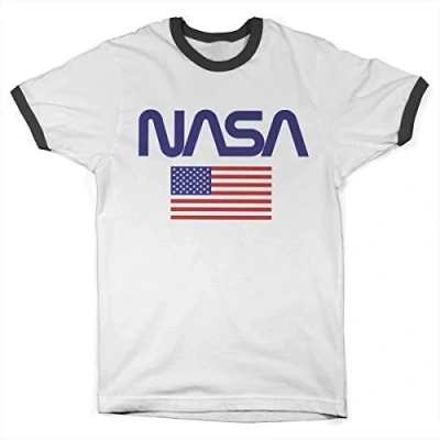 Image of Nasa Officially Licensed Old Glory Ringer Mens T Shirt (White Black), X Large