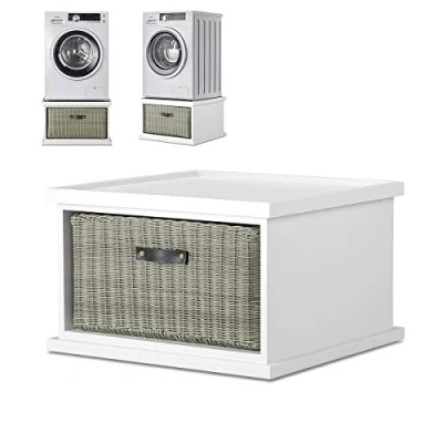 Image of Tetbury White washing machine stand with storage basket. laundry pedestal drawer. Fully Assembled