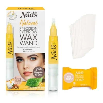 Image of Nad&#039;s Natural Precision Eyebrow wax Wand, Kit, Sugar Wax, Hypoallergenic, Vegan No heat Formula, Includes Pen 6g, 10 Reusable Cotton Strips, 4 Pre Soap
