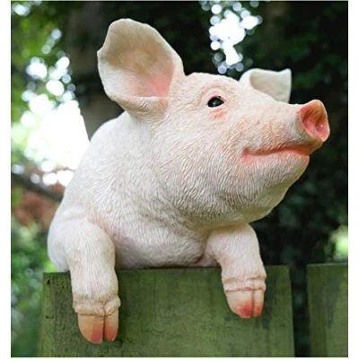 Image of Animal Crackers Fence Hanging Pig garden ornament, novelty sculpture figurine decoration, quirky Piglet lover gift