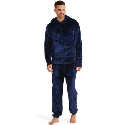 Image of Snuggaroo Mens Soft Fleece Hooded Pyjama Loungewear Set Navy M