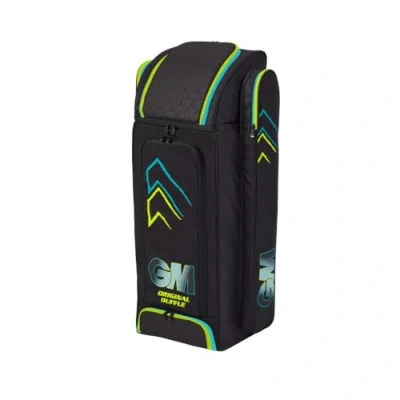 Image of Gunn &amp; Moore GM Cricket Duffle Duffel Bag Original Two Full Length Bat Pockets Adjustable Straps Shoe Tunnel Tough 600 Denier Polyester Large 109 Litres Black, Cyan Fluro