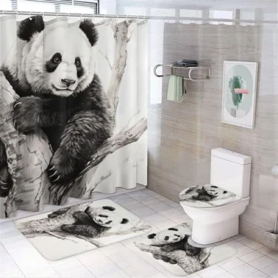 Image of FOCCAR 4Pcs Tree Panda Shower Curtain Sets with Non Slip Rugs, Toilet Lid Cover And U Shape Bath Mat, Simple Black White Animal Contemporary Bathroom Waterproof Curtains 12 Hooks