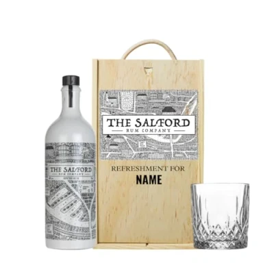 Image of Personalised Salford Spiced Rum Gift Set with Glass &amp; Wooden Box Small Batch Golden 70cl for Men, Boyfriend or Birthday Alcohol Keepsake