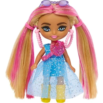 Image of Barbie Extra Mini Minis Doll with Pink Streaked Blonde Pigtails Wearing Blue Dress &amp; Accessories, Plus Stand, 3.25 inch