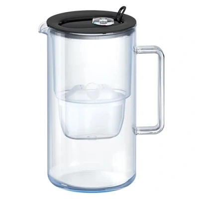 Image of AQUAPHOR Glass Black Water Filter Jug Take to Table Premium Design with Easy Fill Flip Open Lid, 2.5L Capacity, 1 X MAXFOR+ Included, Reduces Limescale, Chlorine &amp; Microplastics.