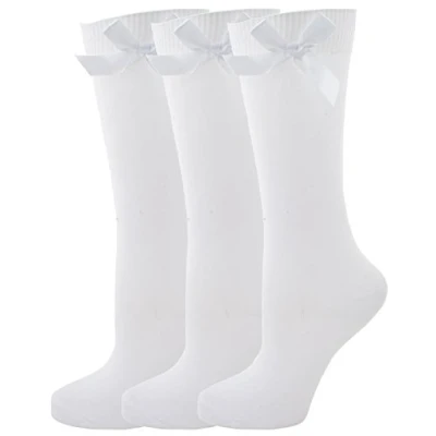Image of RJM 3 Pack Girls Knee High Socks with Bow White 4 5.5