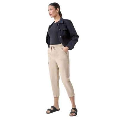 Image of Roman Cotton Cropped Cargo Trousers for Women UK Ladies Spring Everyday Summer Holiday Elasticated Waistband Comfy Side Pockets Soft Woven Fabric Pants Daywear Bottoms Natural Size 18