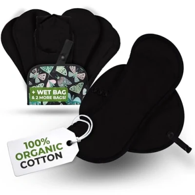 Image of Basic line Reusable Panty Liner, 7 Pack; Medium; Organic Cotton; Plain Black; Black Wings