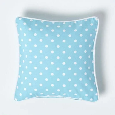 Image of HOMESCAPES 100% Cotton Polka Dots Cushion Cover 30 x cm Square 12 Inches Blue White Sofa Pillow Washable