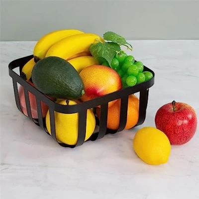 Image of Carousel Home Modern Black Metal Fruit Bowl Square Wire Basket &amp; Vegetable Kitchen Storage