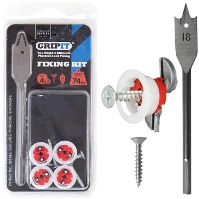 Image of Gripit Red Shelf Kit Pack of 4 Heavy Duty Plasterboard Fixings for Drywall &amp; Stud Walls, Holds Up to 74kg Ideal Shelves, Mirrors, Speakers Shower Units Easy Install UK Designed