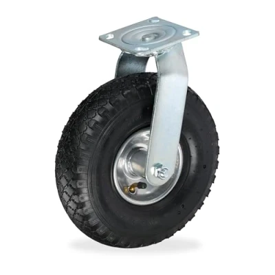 Image of Relaxdays Swivel Castor, Pneumatic Tyres, 3.00 4, Heavy Duty Transport Wheel, Screw on Plate, up to 120 kg, Black/Silver, 12.5 x 8 cm