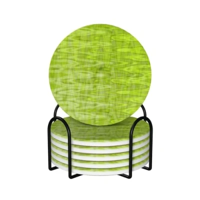 Image of Coasters,Ceramics Coasters with Holder Stand Drink Coasters,Mugs Pad Cups Mat Set of 6,Cool Lime Green Abstract Pattern