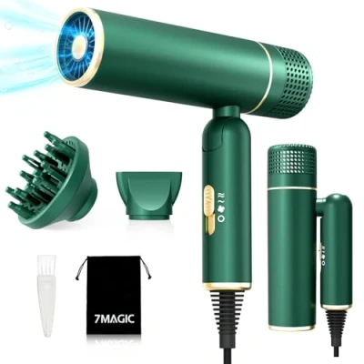 Image of Hair Dryer, 1600W Travel Dryer with Diffuser and Concentrator Nozzle, Green
