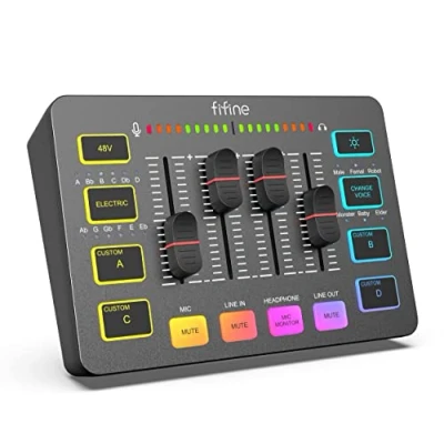 Image of FIFINE Gaming Audio Mixer for Streaming, RGB PC Interface, DJ with XLR Microphone Interface Volume Fader Individual Channel Design, Customized Soundboard Podcast, Recording, Vocal SC3