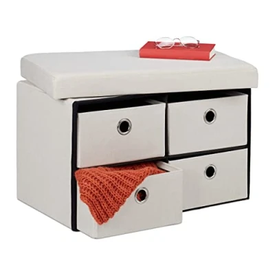 Image of Relaxdays Storage Bench, 4 Drawers, Padded Stool for Home, Foldable, HxWxD: 39 x 60 38 cm, Cream