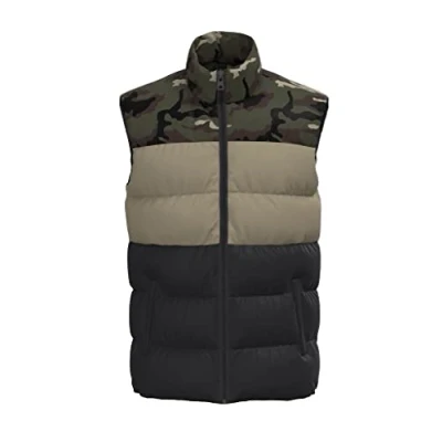 Image of Only &amp; Sons Men&#039;s Zip Up Quilted Gilet Bodywarmer Lightweight Padded Sleeveless Jacket Olive Night/Camo L