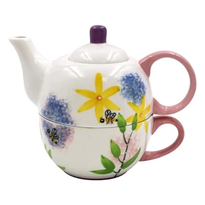 Image of Lesser &amp; Pavey Lynsey Johnstone Alliums Bees Tea for One Lovely Design Pot Cup Set Ceramic Gift Beautiful Printed Home Office