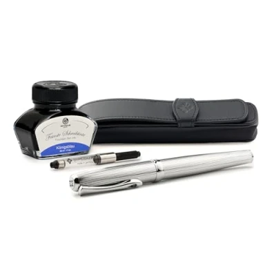 Image of Diplomat Excellence A2 Guilloche Chrome Fountain Pen Set with Leather Case, Writing Ink and Converter, Stainless Steel Nib Medium