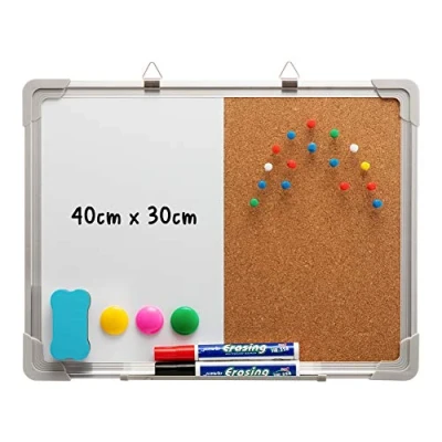 Image of DOEWORKS Combination Whiteboard Double Sides 40cm x 30cm Magnetic &amp; Combo Board Set, Wall Mounted Notice Bulletin Dry Erase/Cork with Aluminum Frame