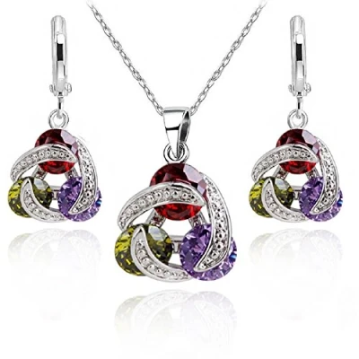 Image of Crystalline Azuria Women 18ct White Gold Plated Round Colorful Multi Zirconia Crystals Set Pendant Necklace 17.7 inches Earrings