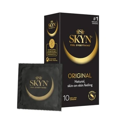 Image of SKYN Original Condoms Pack of 10 SKYNFEEL Latex Free for Men, Regular Size Condoms, Strong &amp; Thin Smooth Straight Shape, Lubricated, 53mm Wide