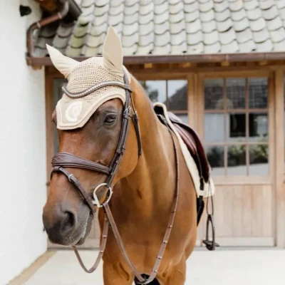 Image of Kentucky Horsewear Fly Hood Wellington 3D Logo Rope Beige Full Size Horse &amp; Equestrian
