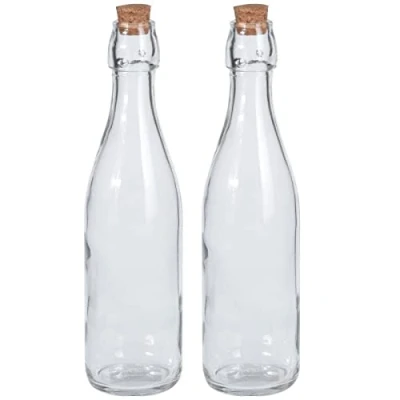 Image of Glass Bottle with Cork Stopper Lid 500ml Airtight 2pc for Water Beverages Juices Bottles Preserve Clear Oil, Vinegar, Kitchen Condiment, Beer, Home Brew, Soda