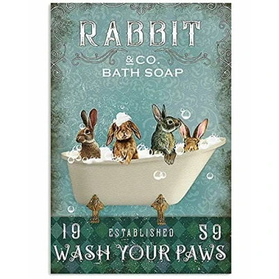 Image of TNND Rabbit Wash Your Paws Metal Sign Art Tin Poster Gift 8x12 inch