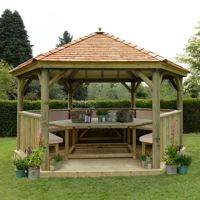 Image of 15&#039;x13&#039; (4.7x4m) Luxury Wooden Furnished Garden Gazebo with New England Cedar Roof Seats up to 19 people