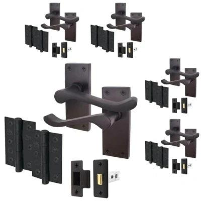 Image of EAI Black Victorian Scroll Door Handle Latch Set 5 Pairs of Matt Internal Lever Handles on Backplate with Hinges (76mm) &amp; (64mm)