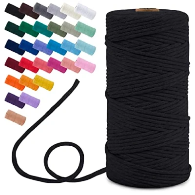 Image of Uiopa Macrame Cord 3mm x 100m, Single Strand Yarn Thick Thread Natural Cotton Cord, Coloured Craft String for DIY Crafts, Wall Hanging, Plant Hanger, Tassels (Black)